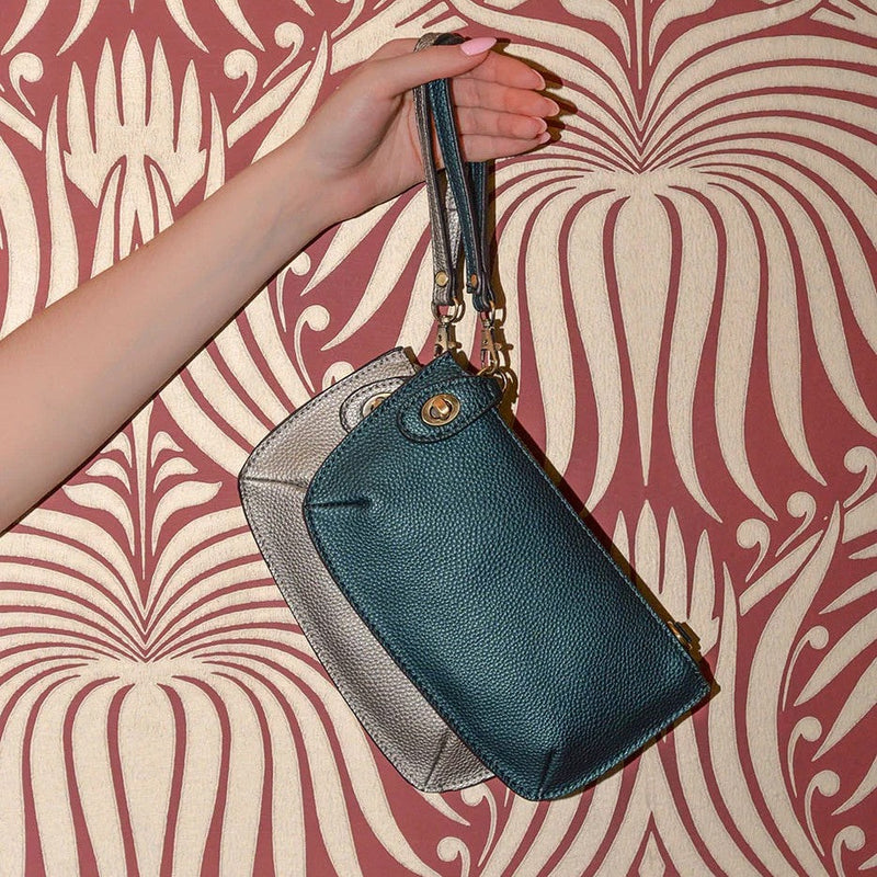 Vivie Frame Lock Convertible Crossbody Wristlet, Bourbon, a stylish brown leather wristlet with a gold-tone frame lock and matching wrist strap, perfect for gifts and decor from Knotty and Board.