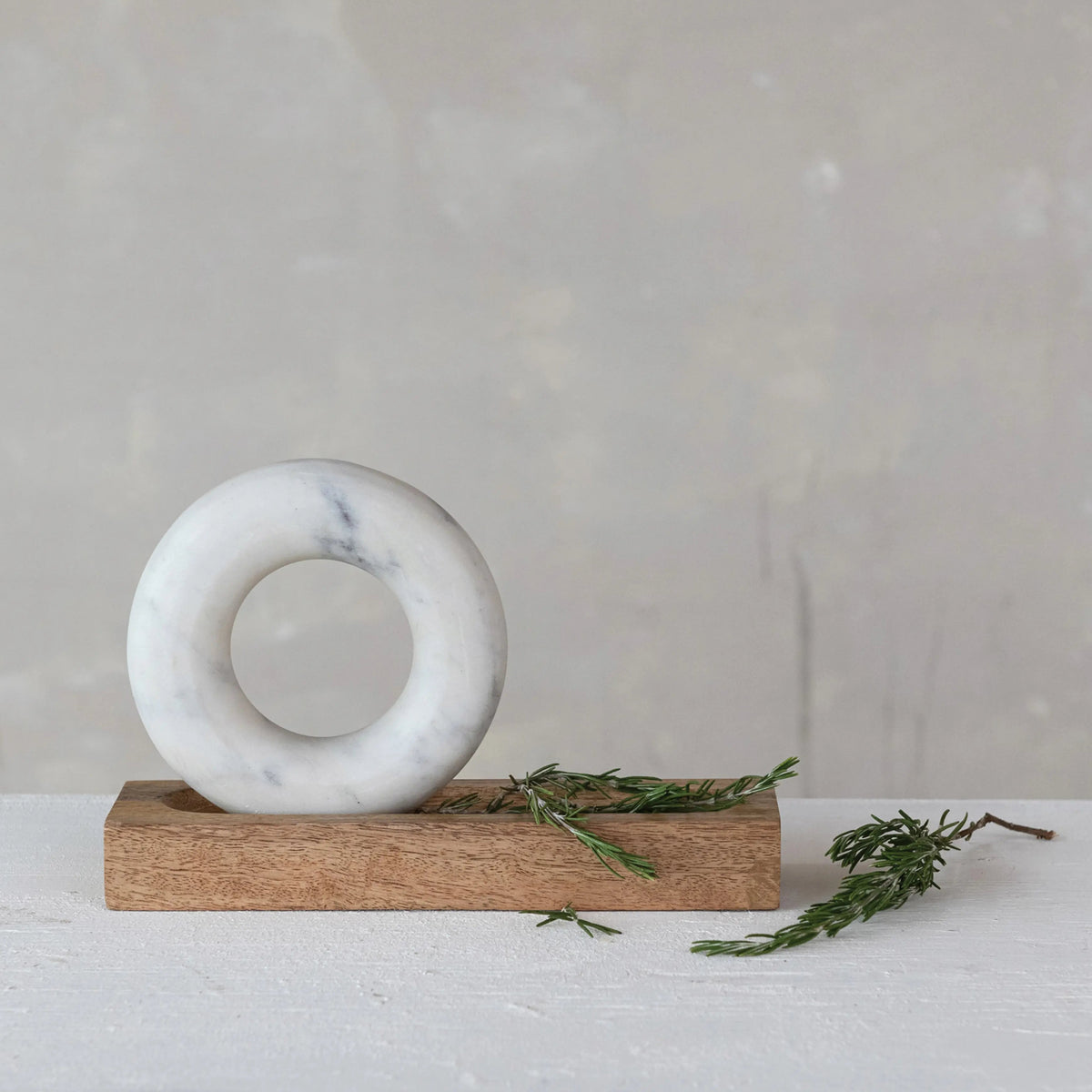 Mango Wood Mortar with Marble Ring Shaped Pestle, Natural & White, 11 in.