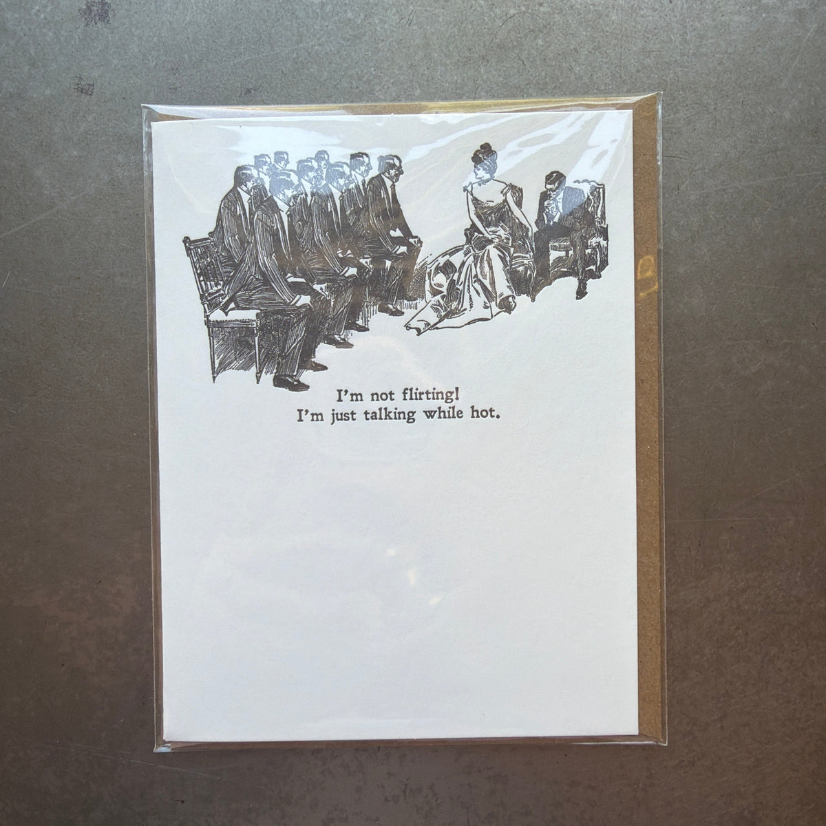 Gibson Girl Flirting Letterpress Greeting Card featuring vintage-style illustration of a woman and men with humorous text, perfect for gifts and decor from Knotty and Board.