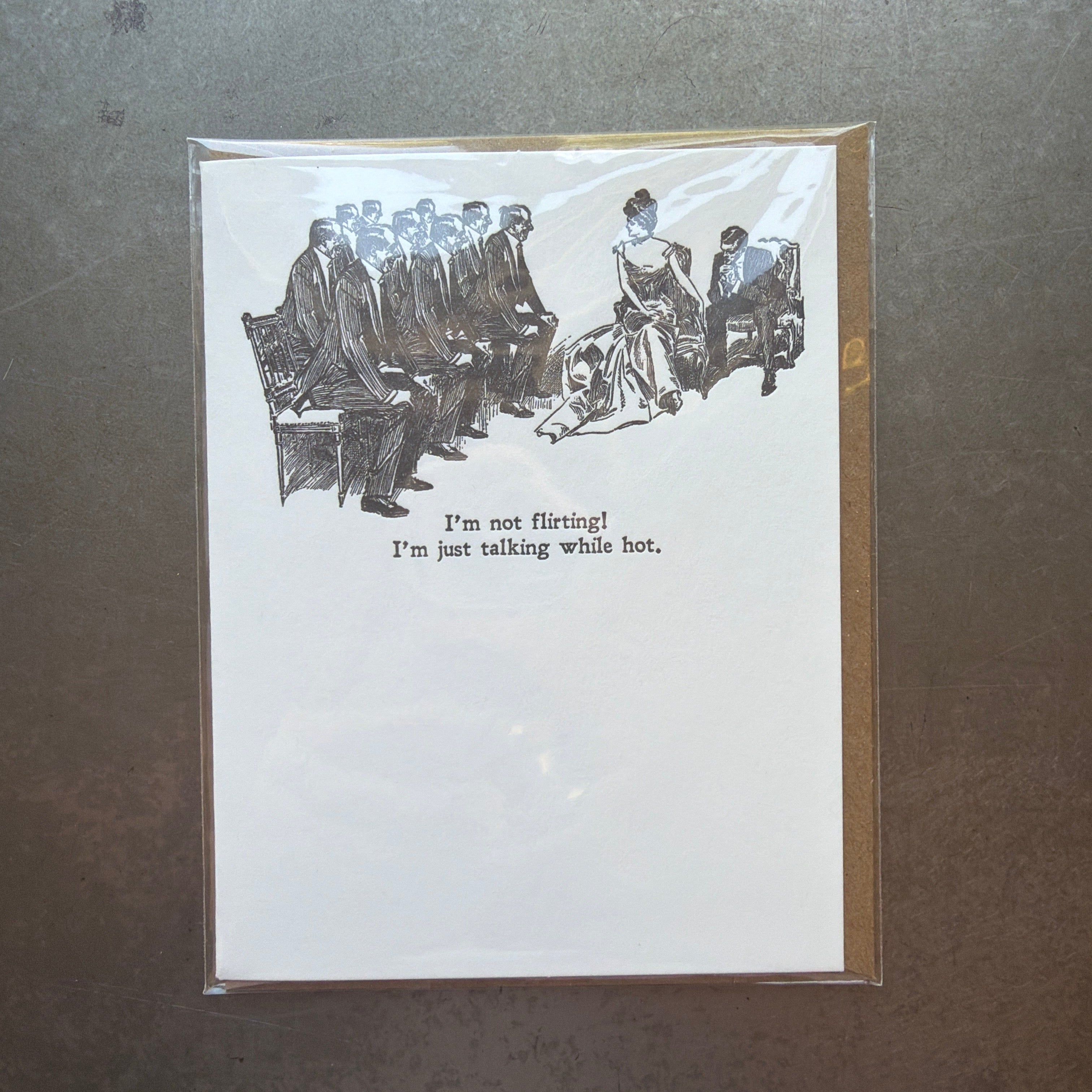 Gibson Girl Flirting Letterpress Greeting Card featuring vintage-style illustration of a woman and men with humorous text, perfect for gifts and decor from Knotty and Board.