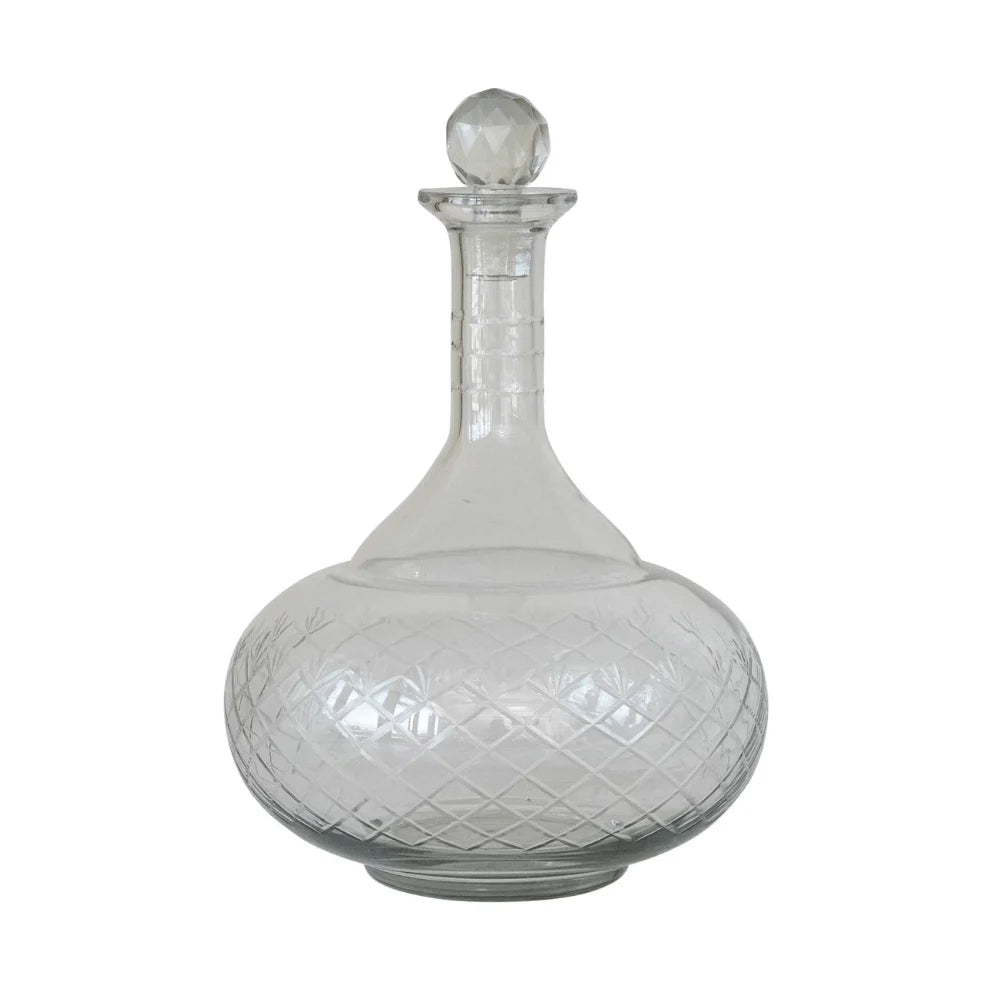 Recycled Etched Glass Decanter w/ Glass Stopper, 3 Quart
