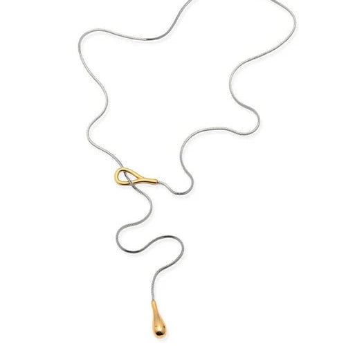 Tear Drop Lariat Water Resistant Necklace, Mixed Metal