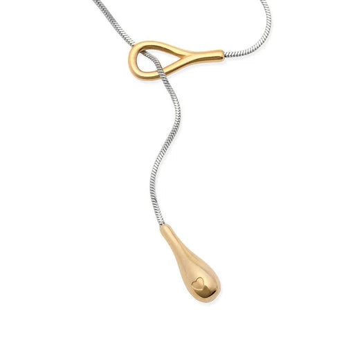 Tear Drop Lariat Water Resistant Necklace, Mixed Metal