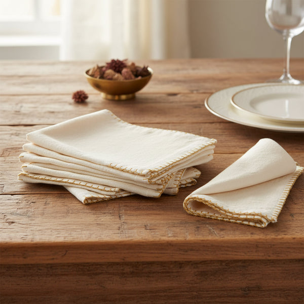 Gold Blanket Stitch Napkins, White, Set of Four