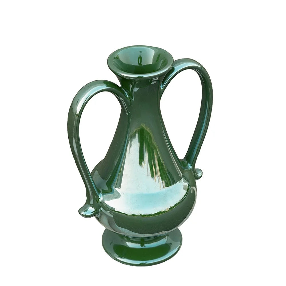 Pedestal Vase w/ Handles & Green Electroplating,  8 X 6 X 12 in.