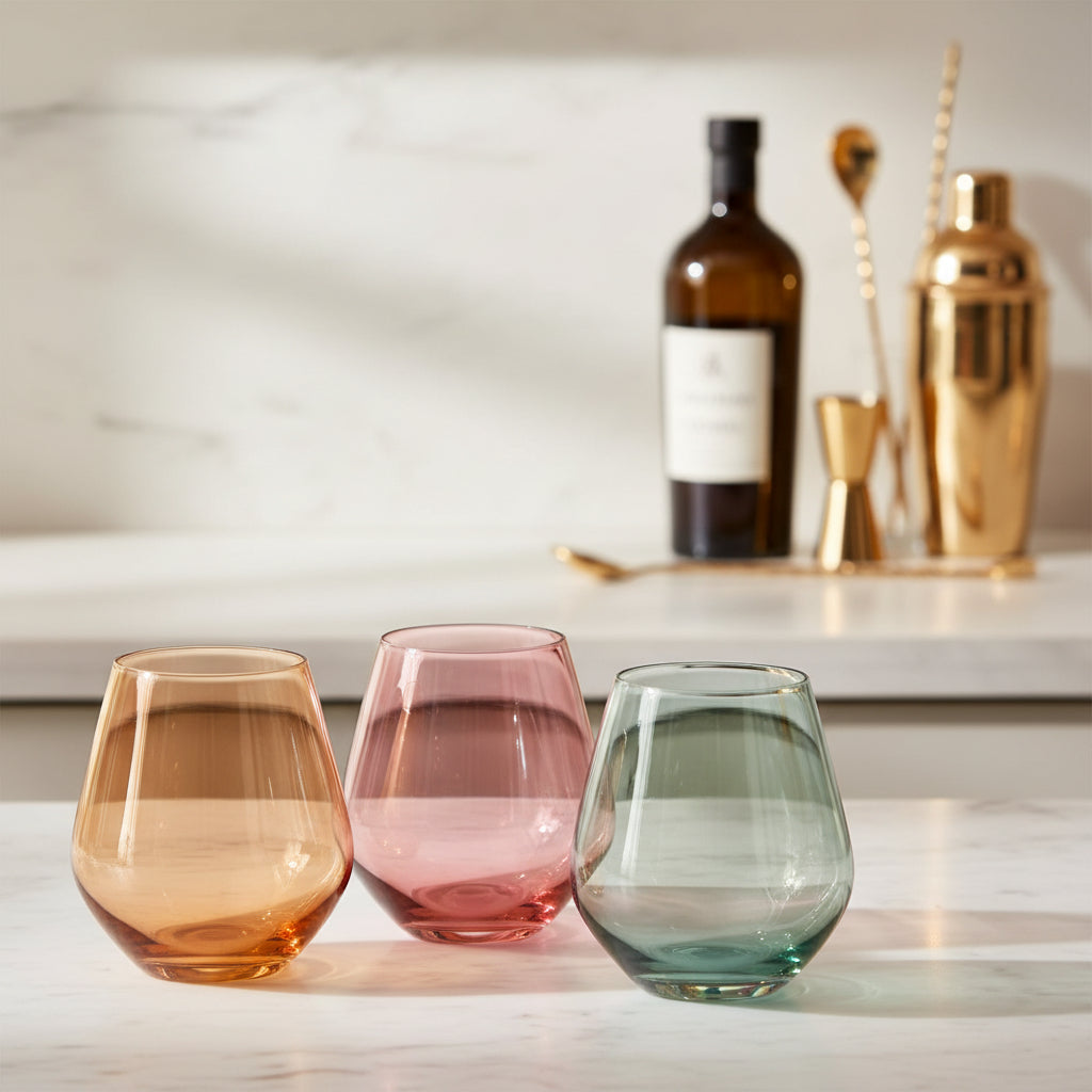 Khen Pastel Colored Stemless Crystal Wine Glasses, 16 oz., Set of 4