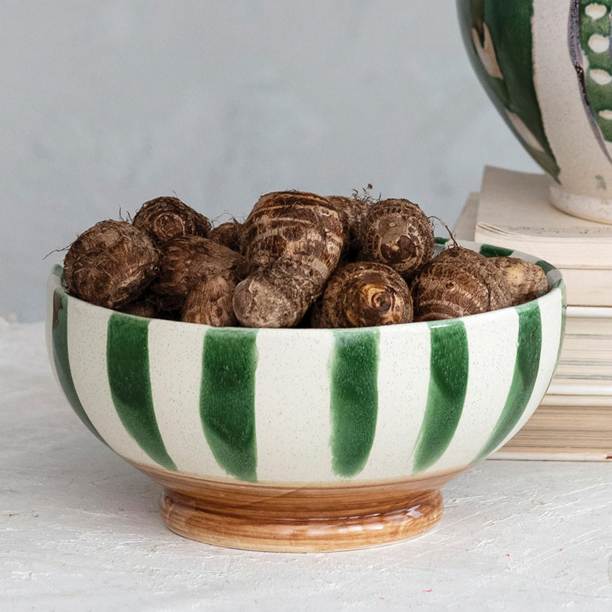 Hand Painted Stoneware Footed Bowl, 10 in.