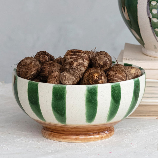 Hand Painted Stoneware Footed Bowl, 10 in.