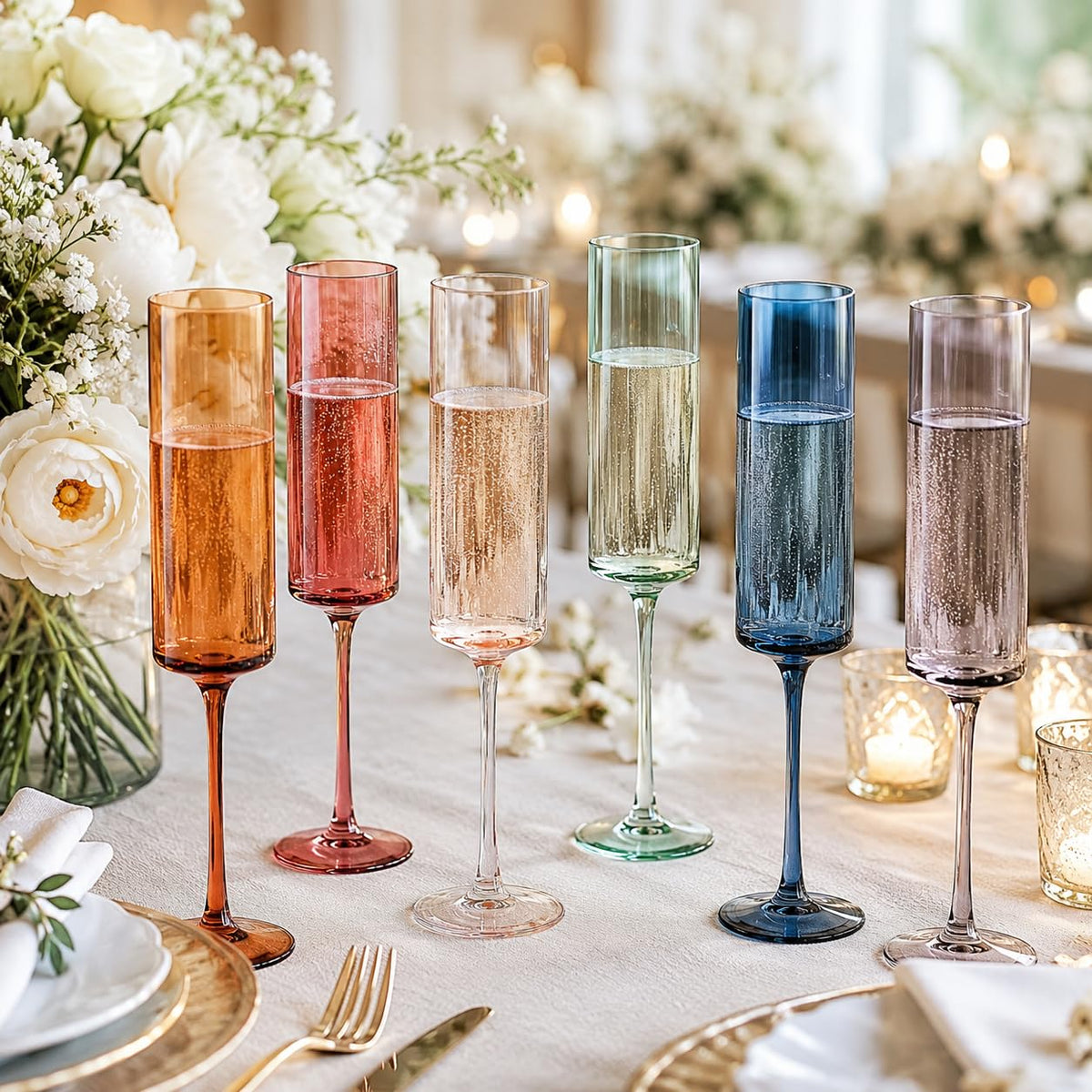 Khen Champagne Flute Stemmed Glasses, Set of 6, Muted Rainbow