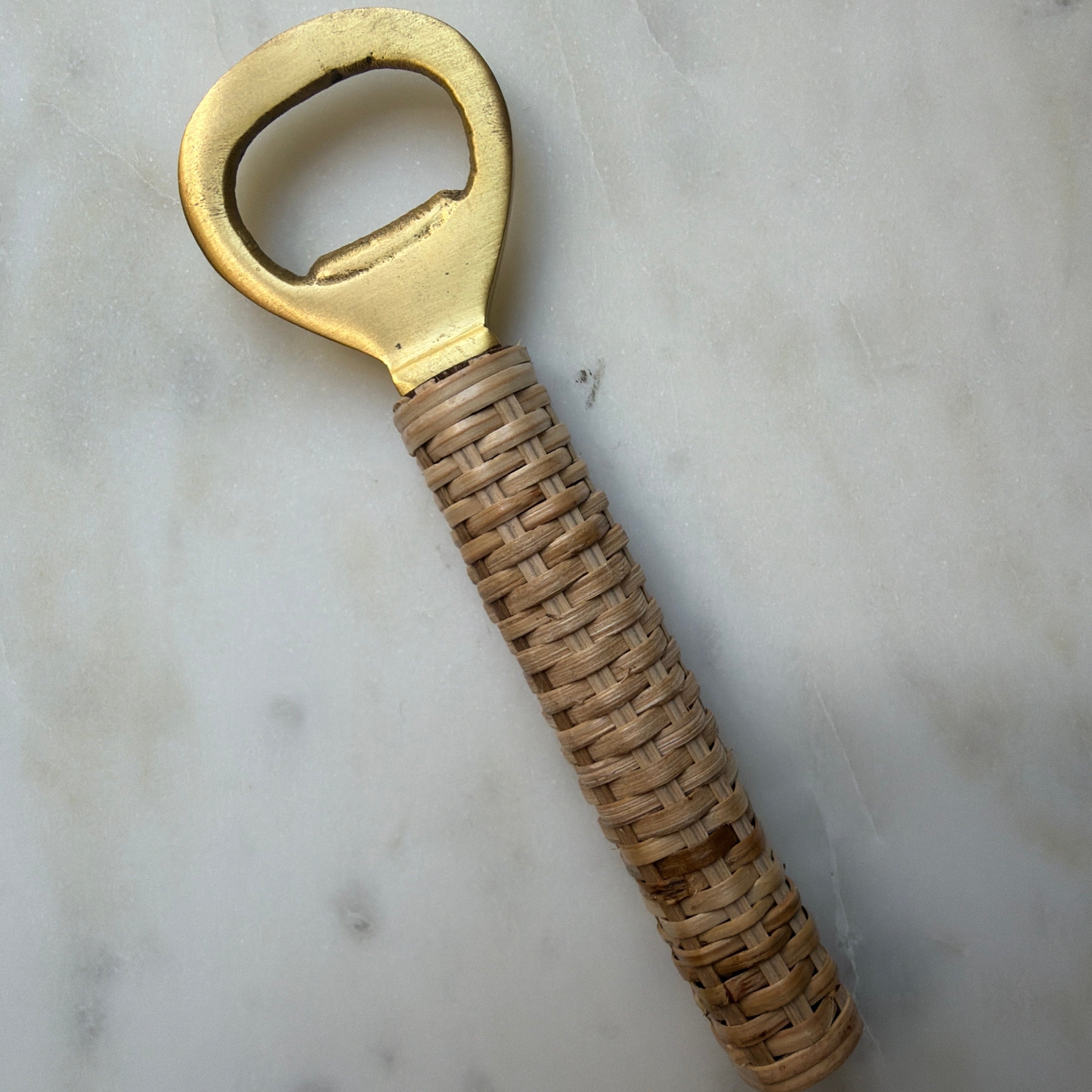 Brass Bottle Opener with Bamboo Wrapped Handle, 6" featuring a woven bamboo grip and polished brass opener, perfect for kitchen and dining decor or gifts from Knotty and Board.