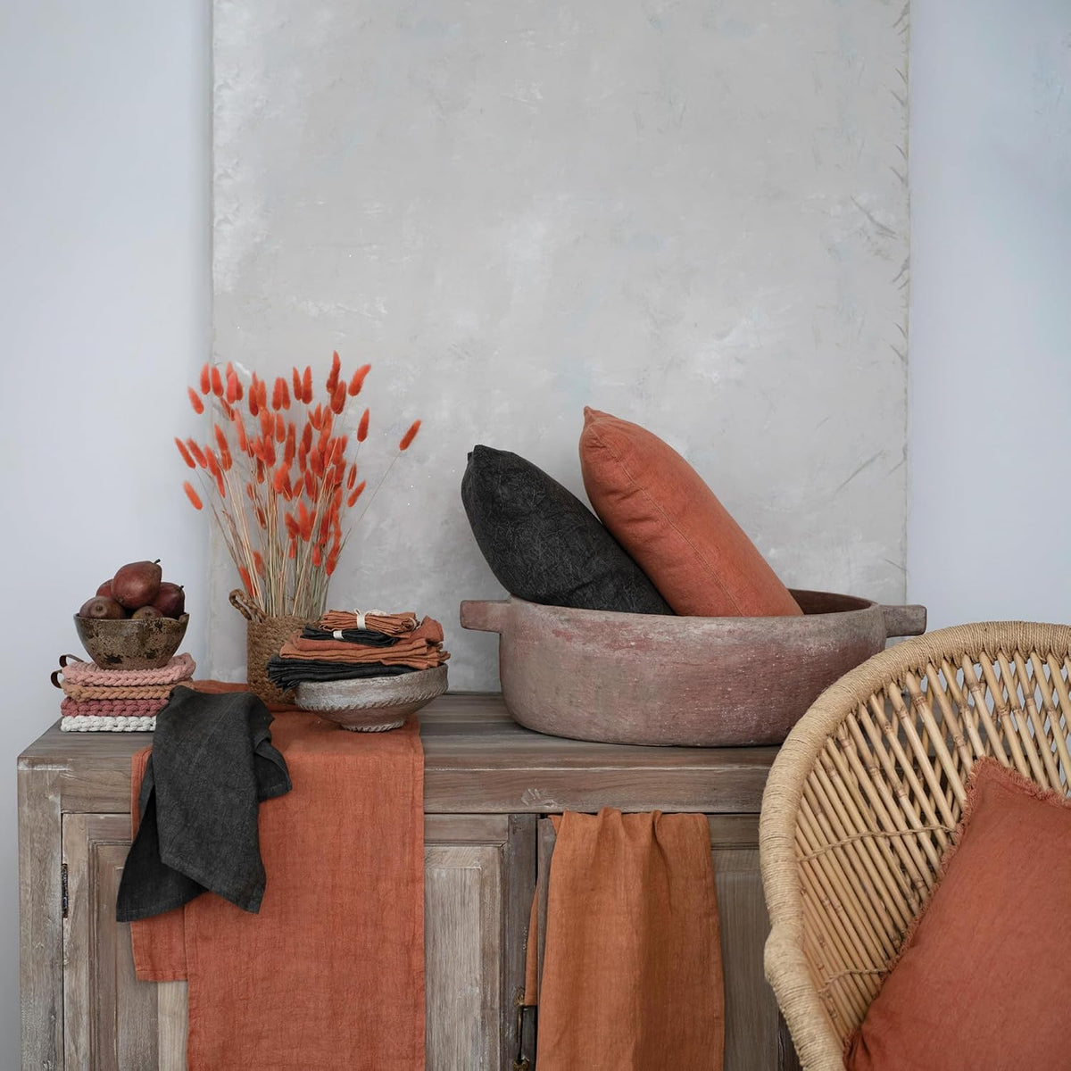 Stonewashed Linen Table Runner, Rust Color, 108