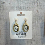 Charming Vintage-Inspired Oval Pearl Drop Earrings featuring elegant cameo design with gold-tone accents and pearl tops, from Knotty and Board, perfect for stylish gifts and decor. 1