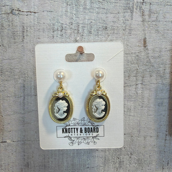 Charming Vintage-Inspired Oval Pearl Drop Earrings featuring elegant cameo design with gold-tone accents and pearl tops, from Knotty and Board, perfect for stylish gifts and decor.