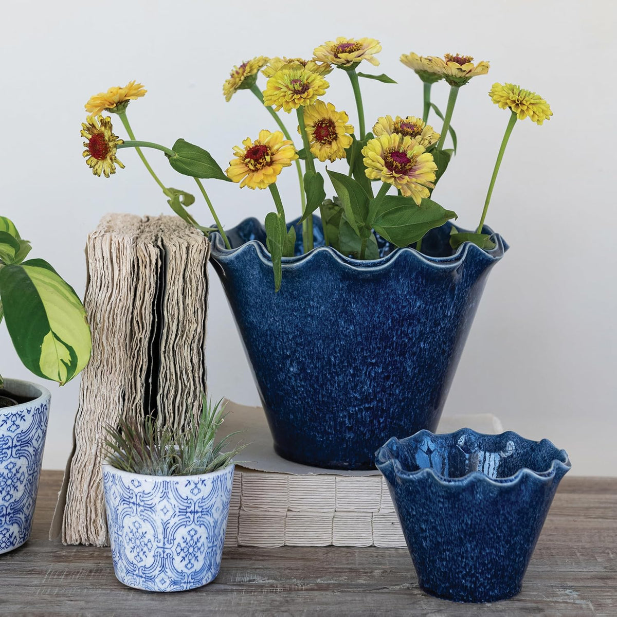 Ruffled Edge Stoneware Planter, Blue, 10.25 X 7.5 in.