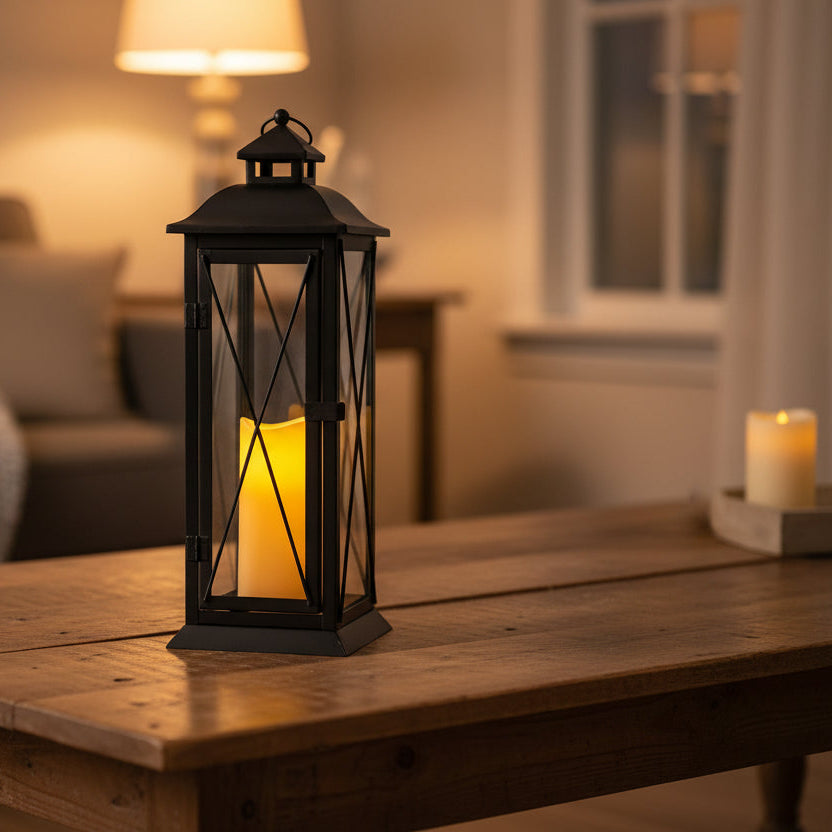 Crisscross Metal Lantern, Battery Candle