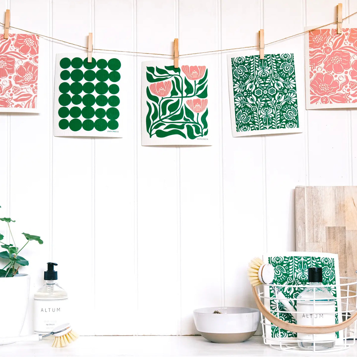 Swedish Dishcloth, Botanical Design, Green/Pink
