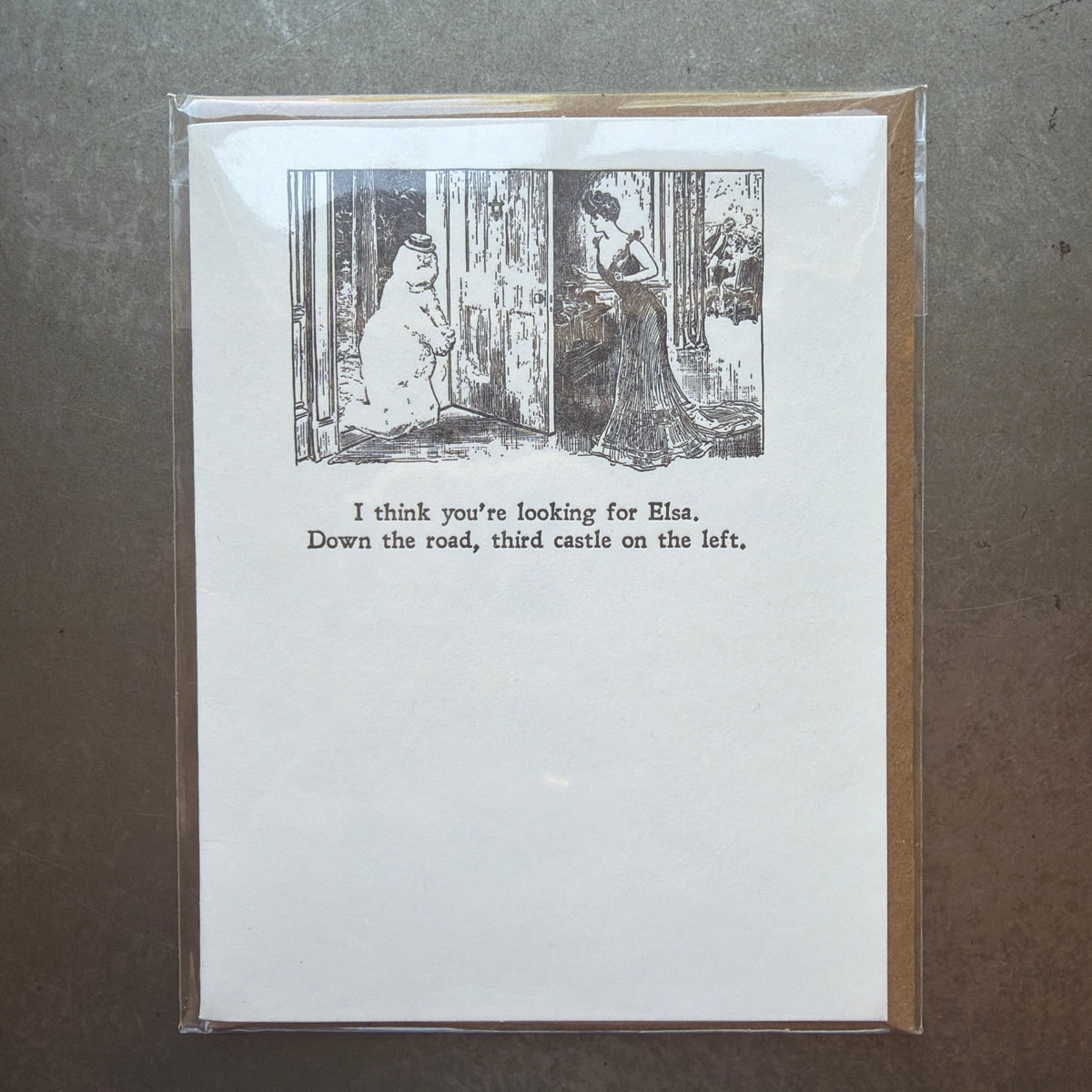 Gibson Girl Looking for Elsa Letterpress Greeting Card featuring vintage-style illustration of a woman speaking to a snowman with humorous text, ideal for unique gifts and decor from Knotty and Board.