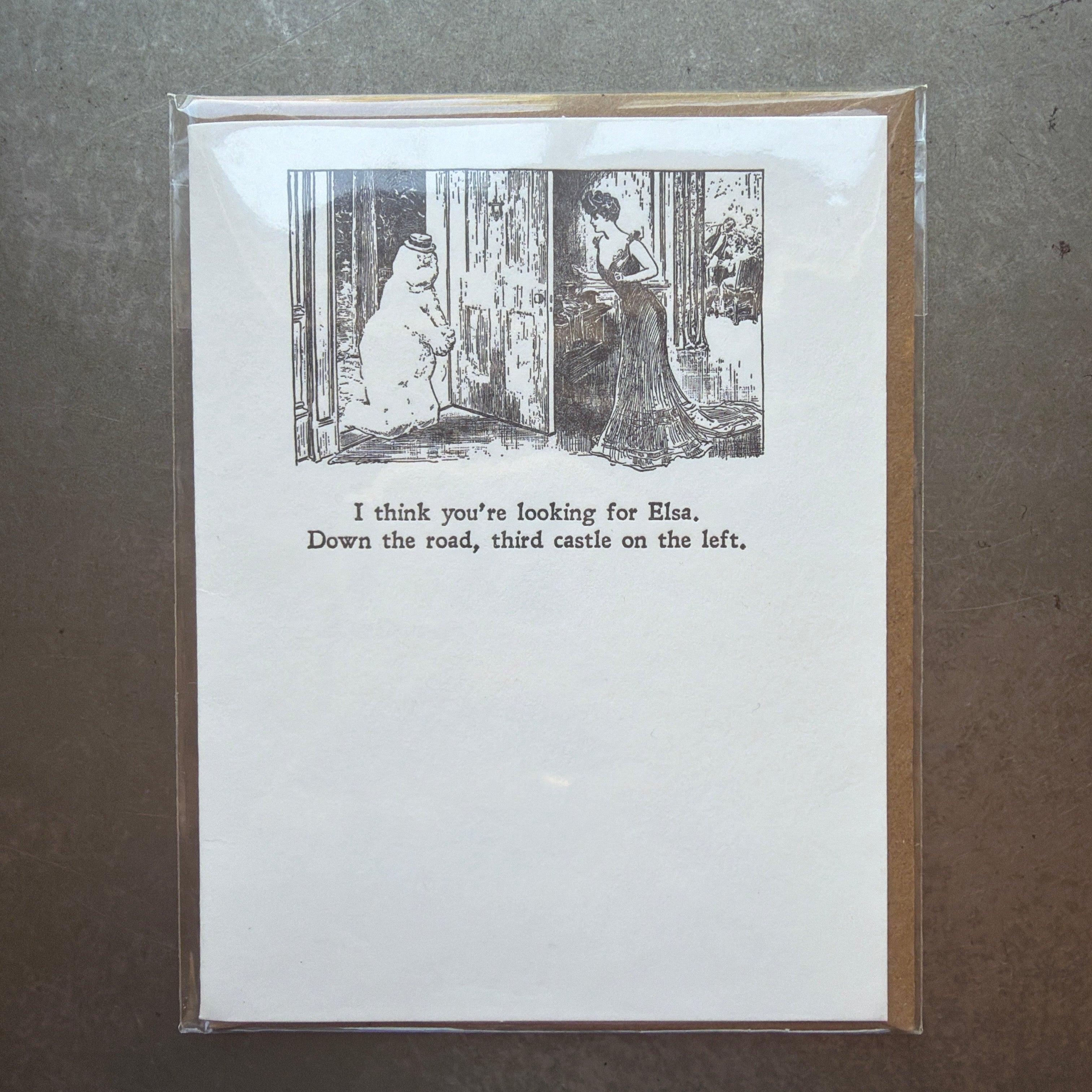 Gibson Girl Looking for Elsa Letterpress Greeting Card featuring vintage-style illustration of a woman speaking to a snowman with humorous text, ideal for unique gifts and decor from Knotty and Board.