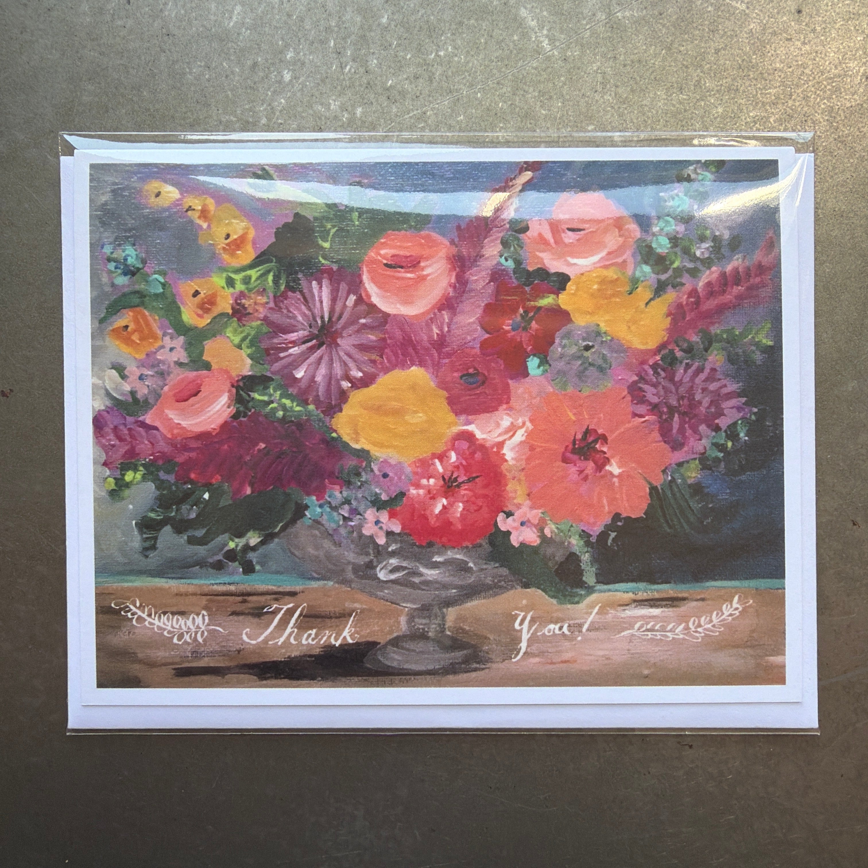 Thank You Floral Tureen Greeting Card featuring a colorful hand-painted bouquet of flowers in a vintage tureen, perfect for decor, kitchen, dining, and gifts from Knotty and Board.