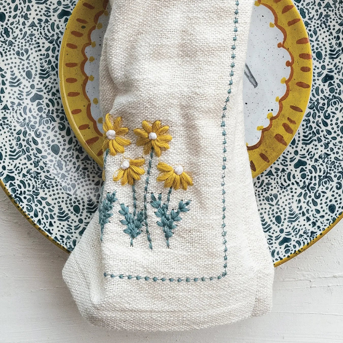 Floral Hand-Embroidered Cotton Napkins, Set of Four