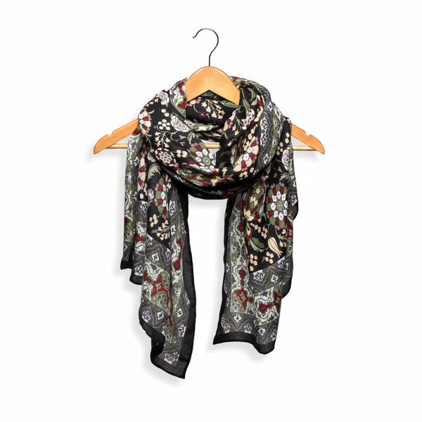 Heritage Medallion and Floral Scarf, Black, 180 X 88 in.