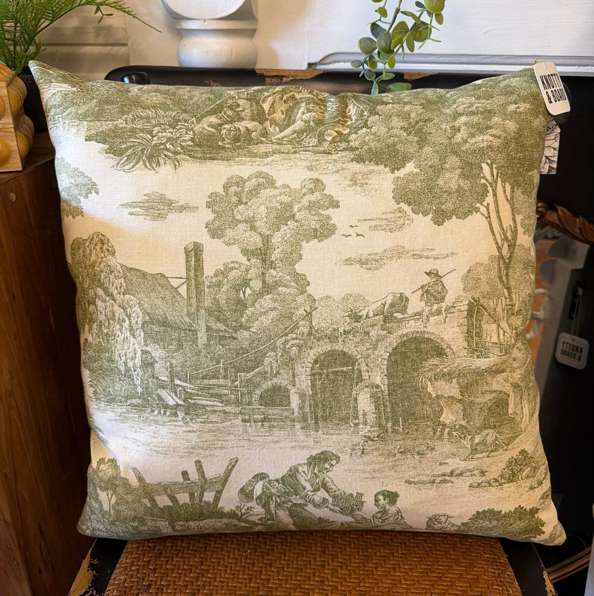 Leeann Toile Throw Pillow, 20 in., featuring a vintage green pastoral scene, perfect for adding classic decor charm to any living space, available at Knotty and Board.