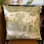 Leeann Toile Throw Pillow, 20 in., featuring a vintage green pastoral scene, perfect for adding classic decor charm to any living space, available at Knotty and Board. 1