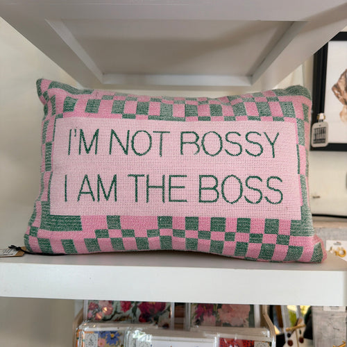 I Am the Boss" Embroidered Lumbar Pillow, 14"x 9" with a pink and green checkered design featuring the phrase "I'M NOT BOSSY I AM THE BOSS," perfect for adding a funny, stylish touch to home decor from Knotty and Board. Every Room Needs A Little Knotty and Board.