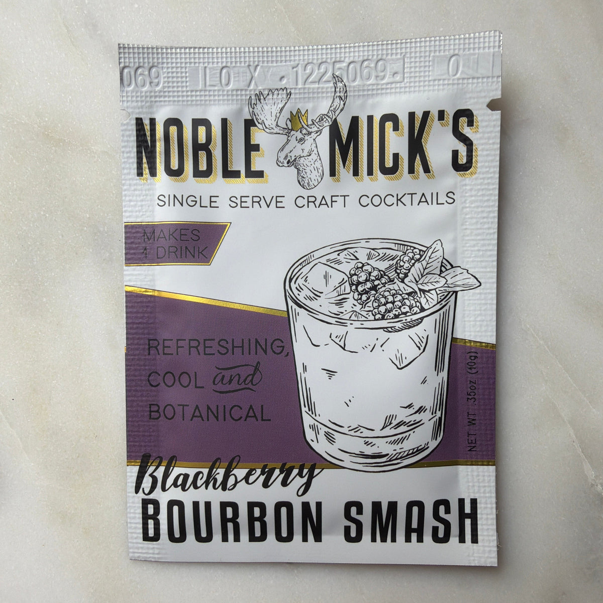 Noble Mick's Bourbon Smash, Blackberry single serve craft cocktail packet with botanical and cool refreshing design, ideal for gifts, kitchen, and entertaining decor.