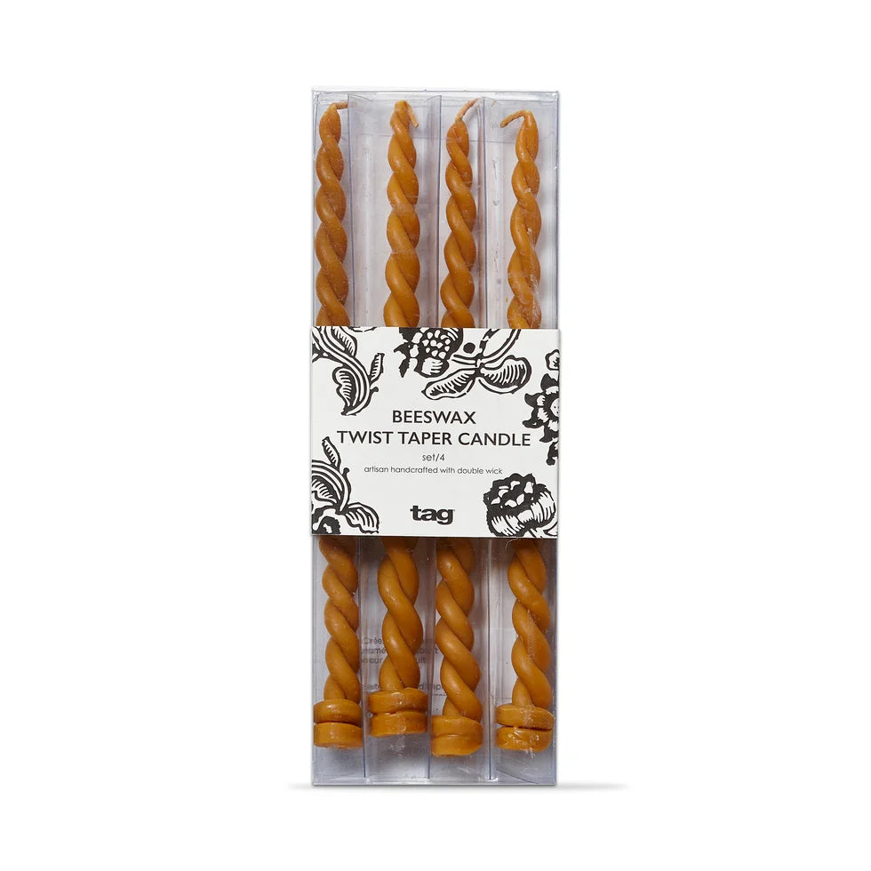 Twin Flame Twisted Beeswax Taper Candles, Set of 4, Honey, 9 in.