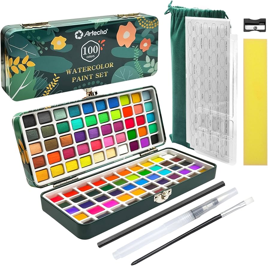 Watercolor Paint Set 100 colors & accessories featuring a floral-themed metal case, vibrant paint pans, brushes, palette, sharpener, and carrying pouch, ideal decor gift from Knotty and Board.