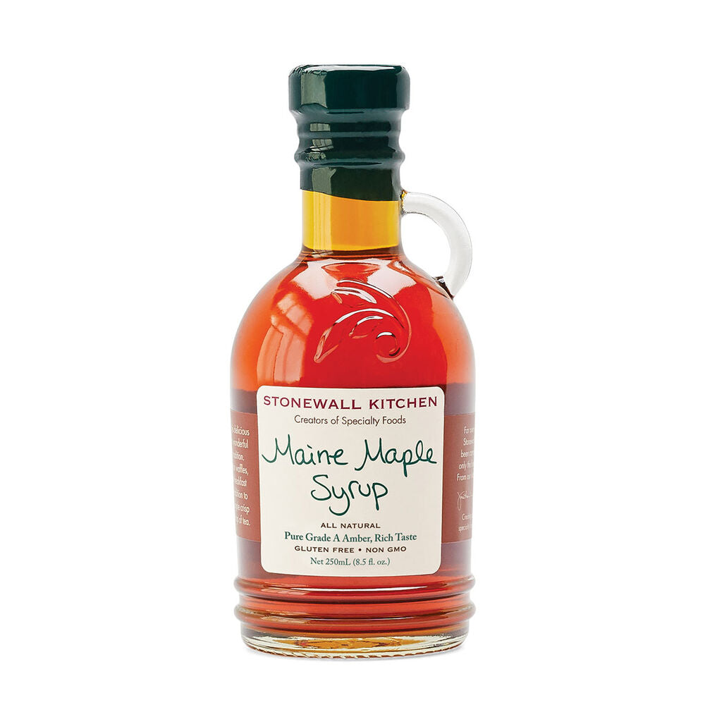 Stonewall Kitchen Maine Maple Syrup 8.5oz bottle with amber syrup inside, perfect for kitchen gifts and dining decor, available at Knotty and Board, Every Room Needs A Little Knotty and Board.