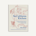 Cover of the Six California Kitchens Book featuring a minimalist line drawing of kitchen utensils and cookware, showcasing curated decor and gifts for kitchen and dining by Knotty and Board with the tagline Every Room Needs A Little Knotty and Board. 1
