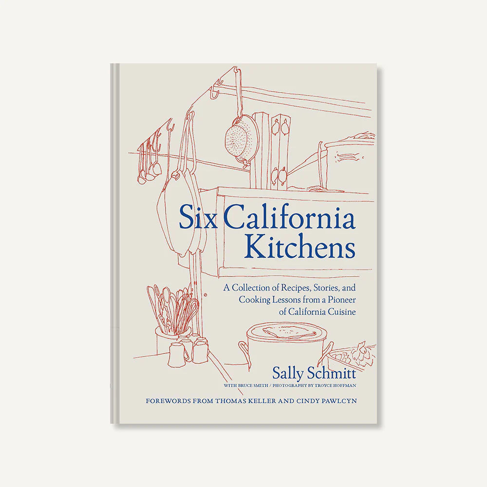 Cover of the Six California Kitchens Book featuring a minimalist line drawing of kitchen utensils and cookware, showcasing curated decor and gifts for kitchen and dining by Knotty and Board with the tagline Every Room Needs A Little Knotty and Board.