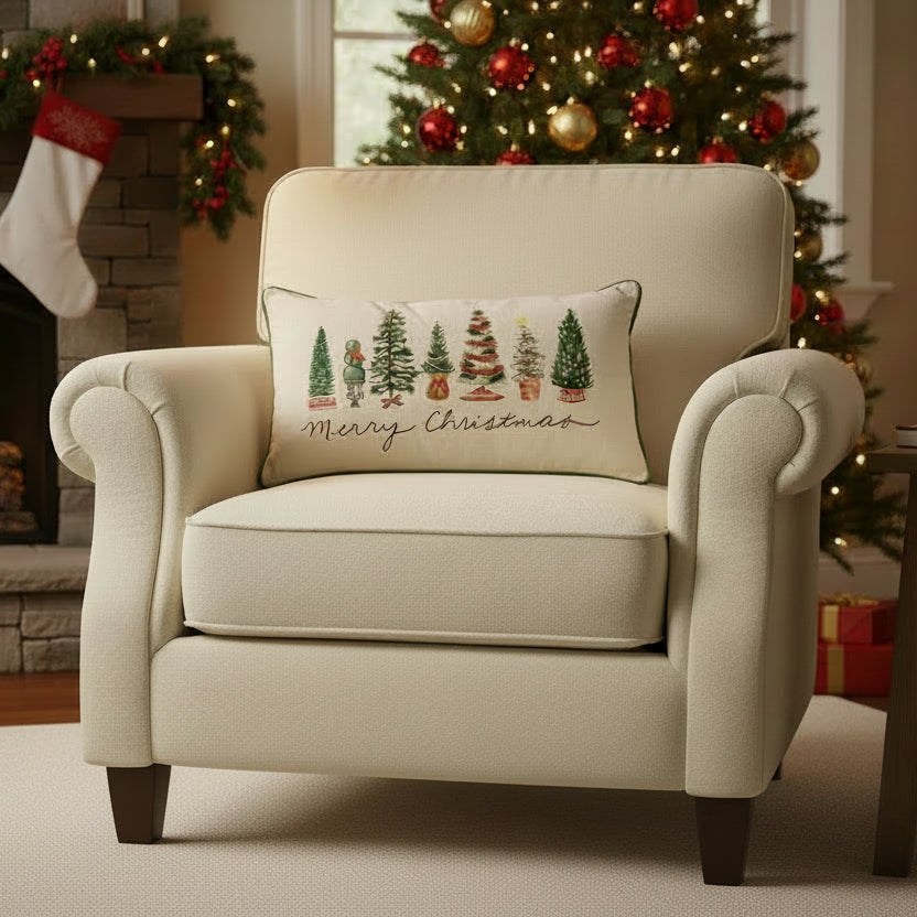 Merry Christmas Lumbar Pillow with Trees, 32 X 18 in.