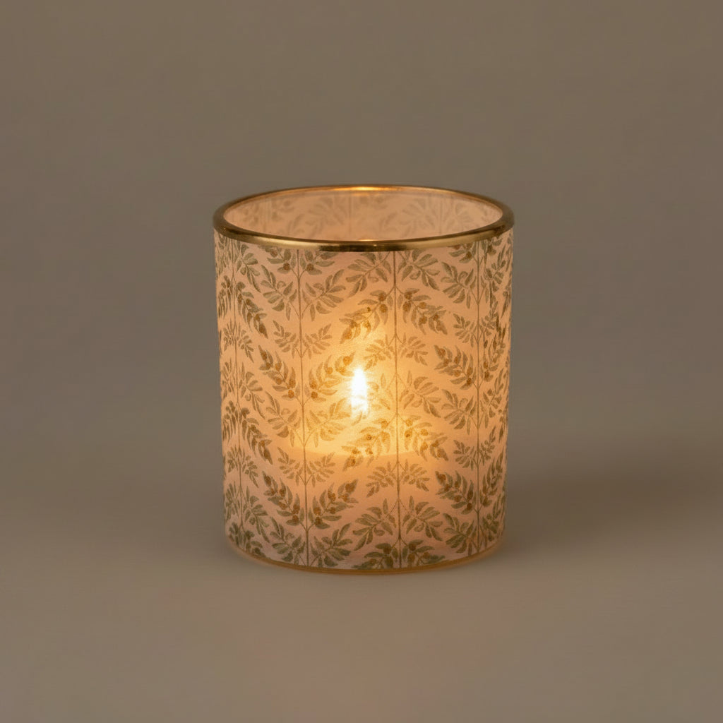 Branch Paper Pattern Glass Votive, Green, White and Gold, 3.5 in.