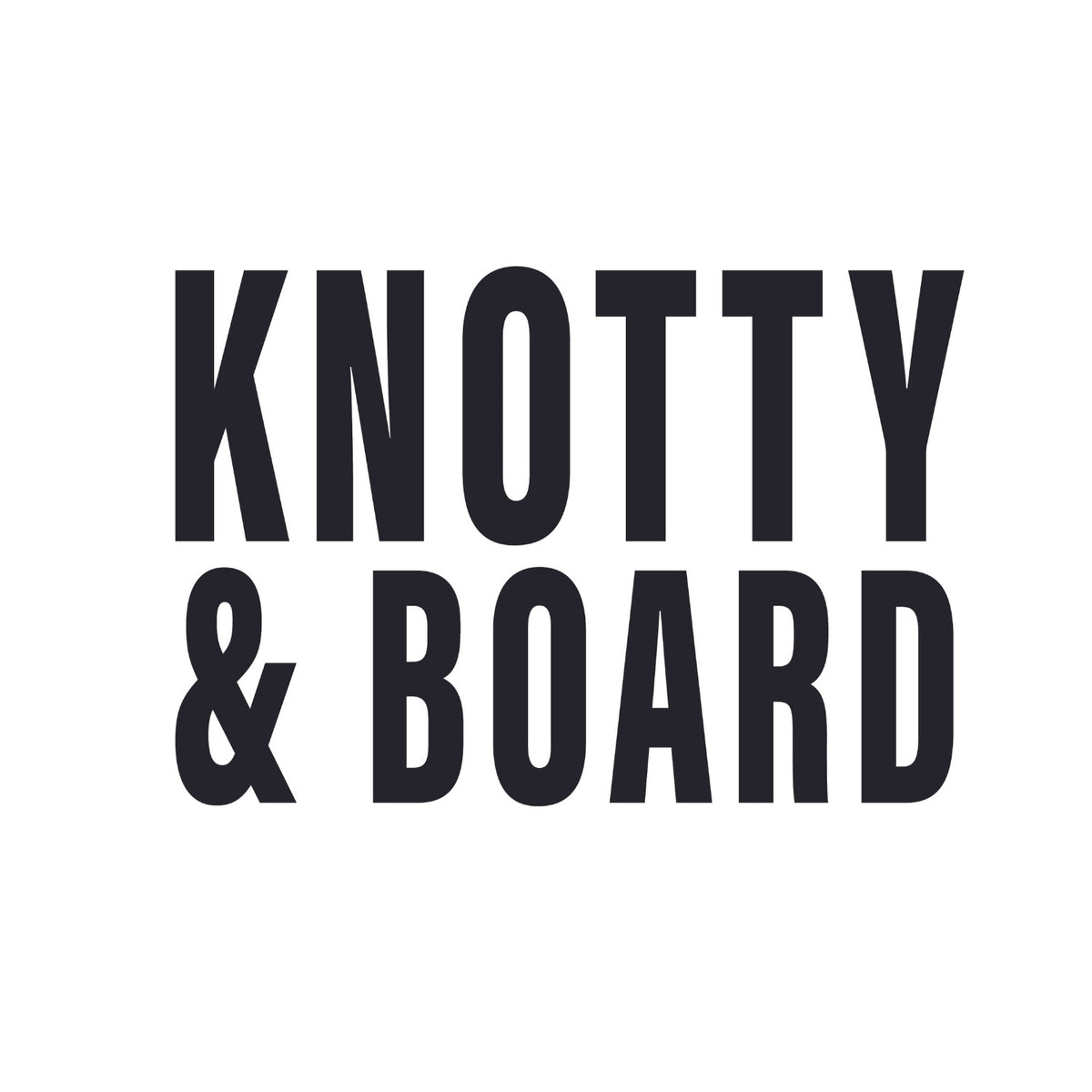 Bold black text on a white background spelling out Knotty and Board in a clean, modern font for a decor and gift brand logo.