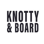 Bold black text on a white background spelling out Knotty and Board in a clean, modern font for a decor and gift brand logo. 1