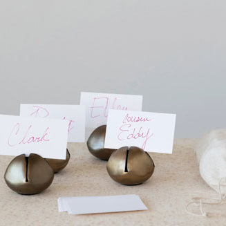 Round Metal Bell Place Card Holders w/ 12 Paper Cards, Set in Drawstring Bag