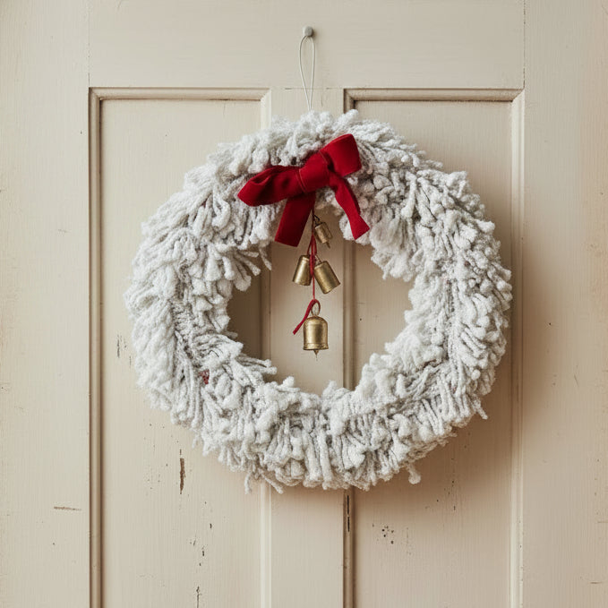 Cotton Blend Yarn Wreath with Red Bow, 18