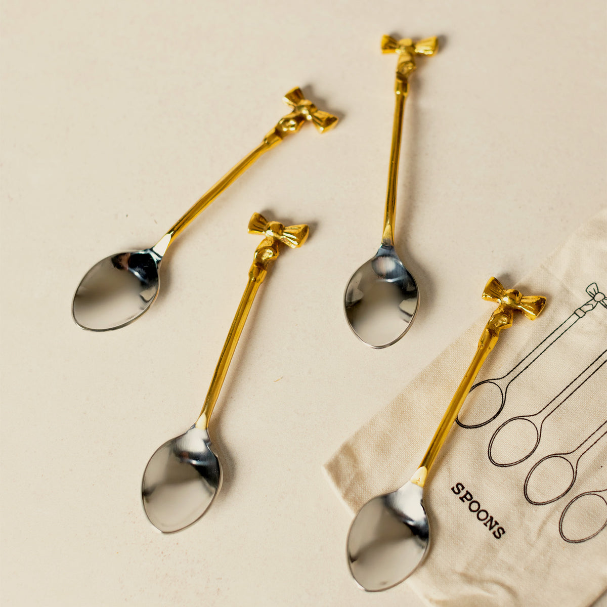 Coffee Spoons with Gold Finish, Set of 4 in Drawstring Bag
