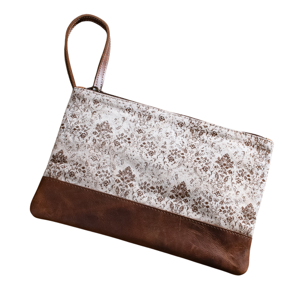 Brown Floral Canvas Zip Pouch 10"