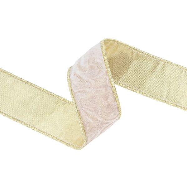 Wired 1.5 in. Double Sided Floral Embossed Velvet Ribbon Ivory and Gold, 10 yd.