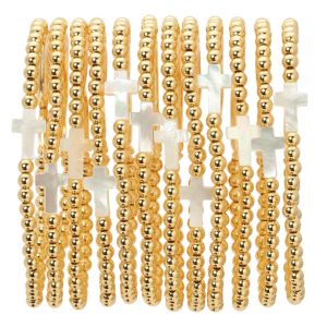 Multiple gold stretch bead & shell cross bracelets, 4mm, stacked together with a polished finish, perfect gifts for stylish jewelry and decor lovers from Knotty and Board.