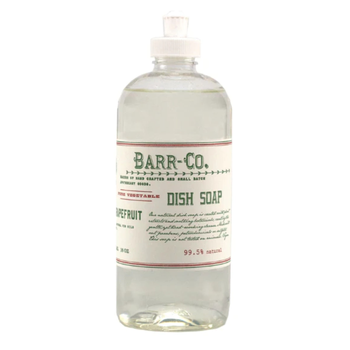 Clear plastic bottle of Barr & Co. Fir & Grapefruit Dish Soap with vintage-style label, perfect for kitchen decor and gifts from Knotty and Board.