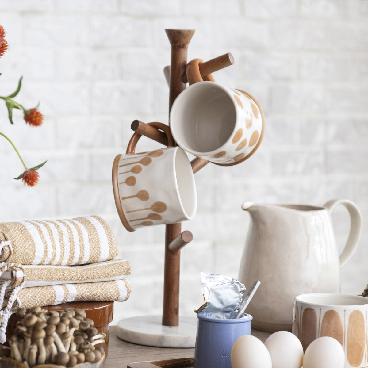 Mango Wood and Marble Mug Rack, 17 in.
