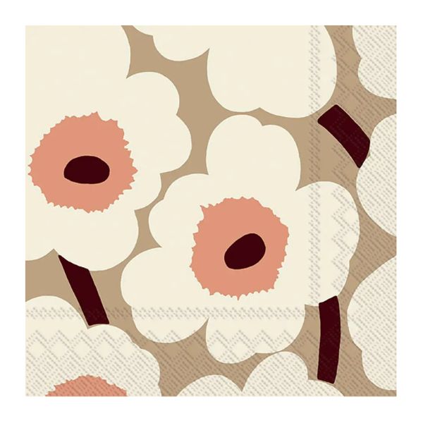 Lunch Napkin, 20 Ct, Marimekko Unikko Cream featuring a soft floral pattern in cream, beige, and muted coral, perfect for kitchen dining decor and gifts from Knotty and Board.