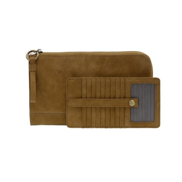 Karina Convertible Wristlet, Faux Suede, Wheat shown with card holder featuring multiple slots and clear ID window, perfect for stylish gifts and decor from Knotty and Board.
