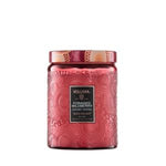 Voluspa Foraged Wildberry Candle Jar, Large, 18 oz in detailed embossed red glass, perfect for kitchen or dining decor and gifts available at Knotty and Board. 1