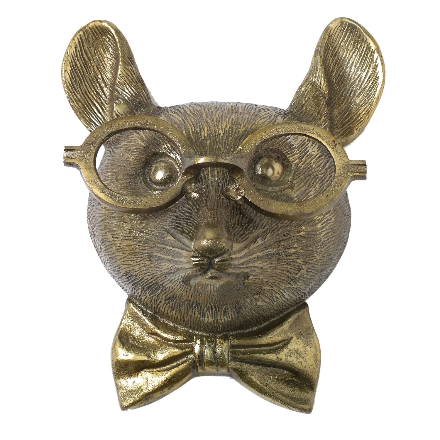 E&E Brass Wall Mount, Louie, Available for local pick up, a brass animal head with glasses and a bow tie, perfect unique decor and gift from Knotty and Board for any room or entertaining space.